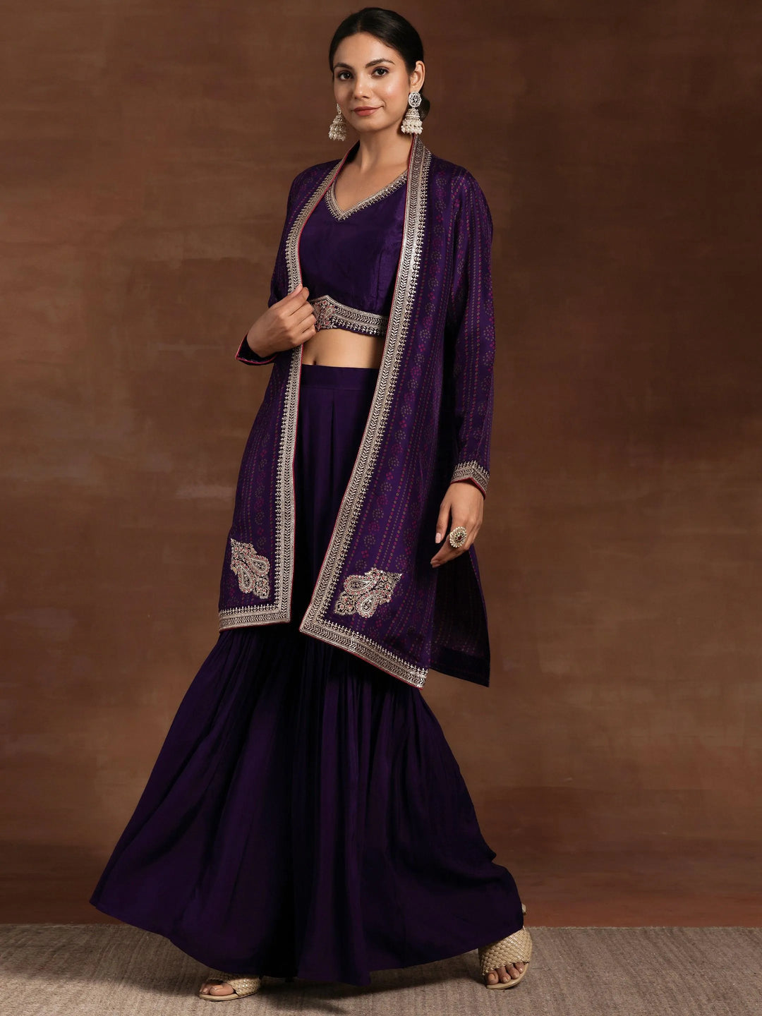 Purple Embroidered Silk Blend Co-Ords - Libas 