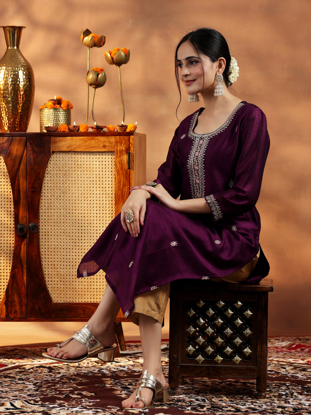  Burgundy Embroidered Silk Straight Kurta 