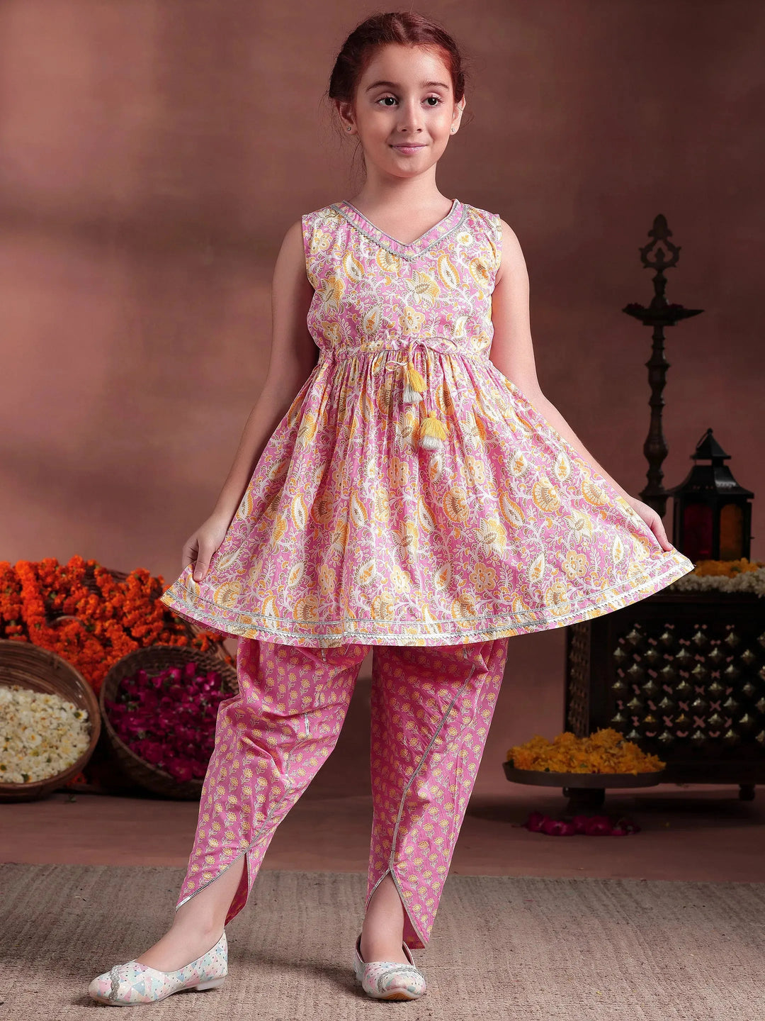 Kids Pink Printed Cotton A-Line Kurti With Salwar & Dupatta 
