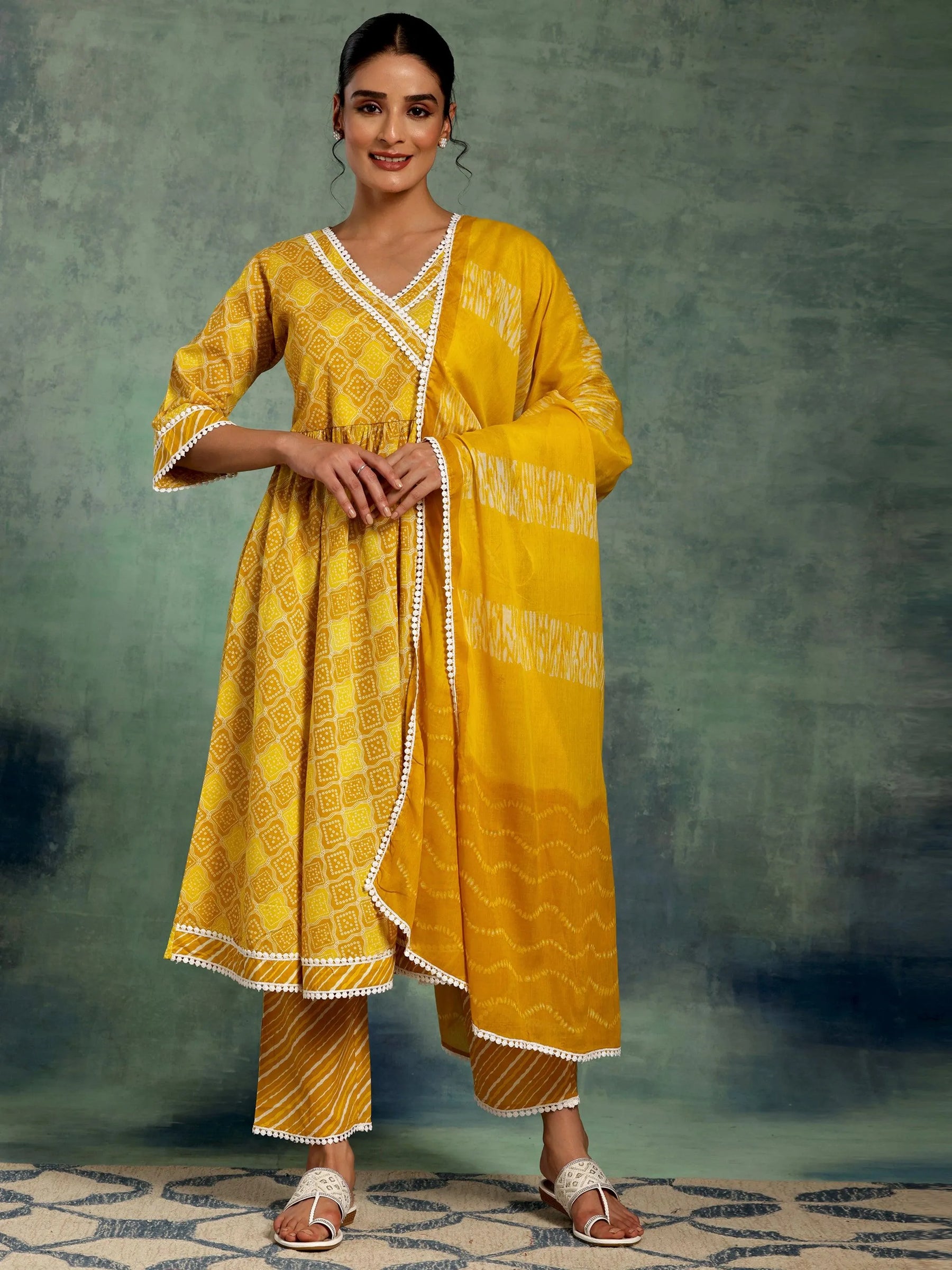 Mustard Printed Cotton Kurta Set with Dupatta