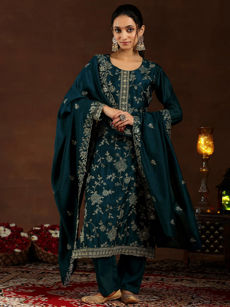 Libas Teal Embroidered Silk Blend Straight Suit With Dupatta