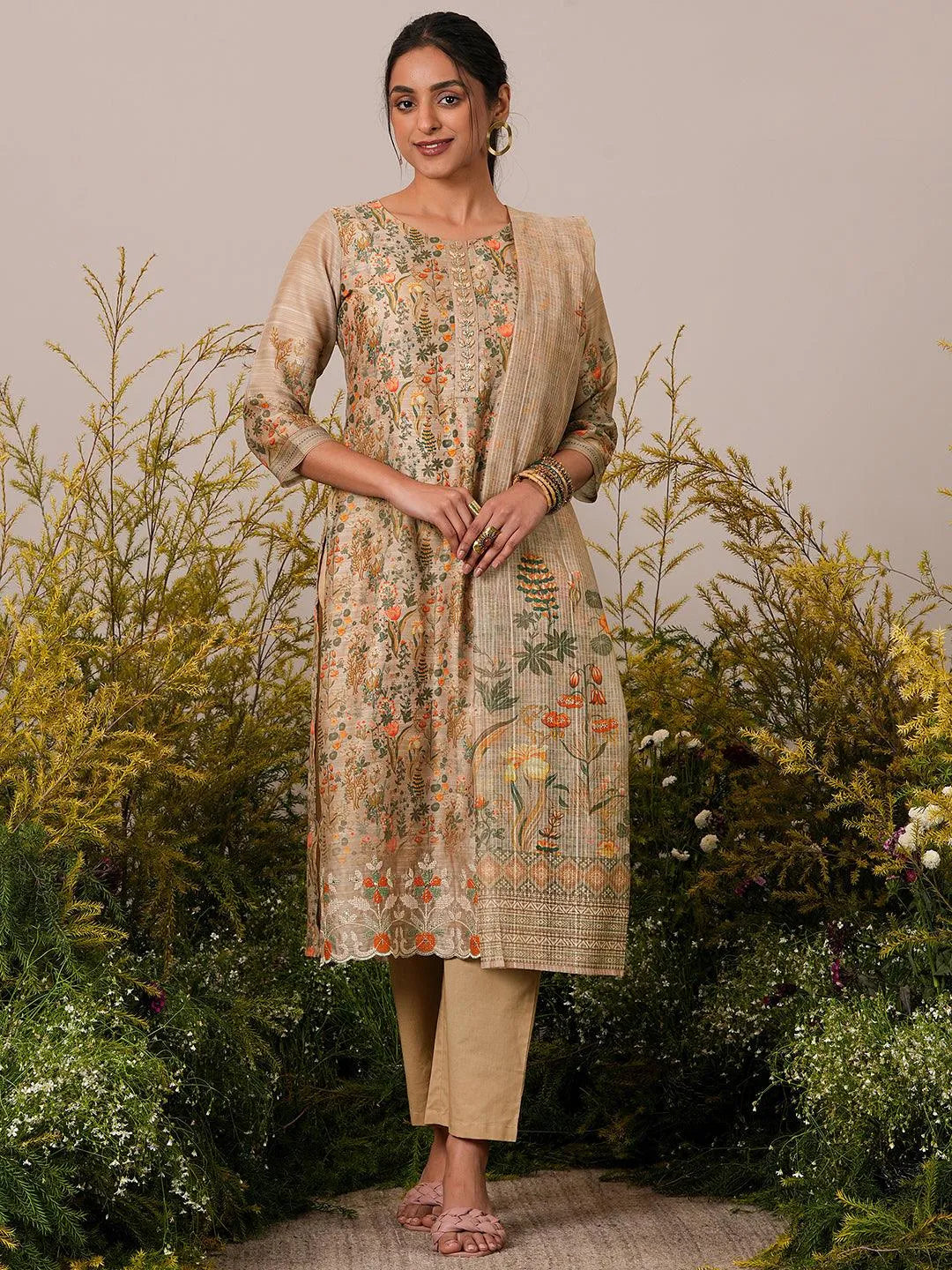 Tan Printed Chanderi Silk Straight Suit With Dupatta - Libas 