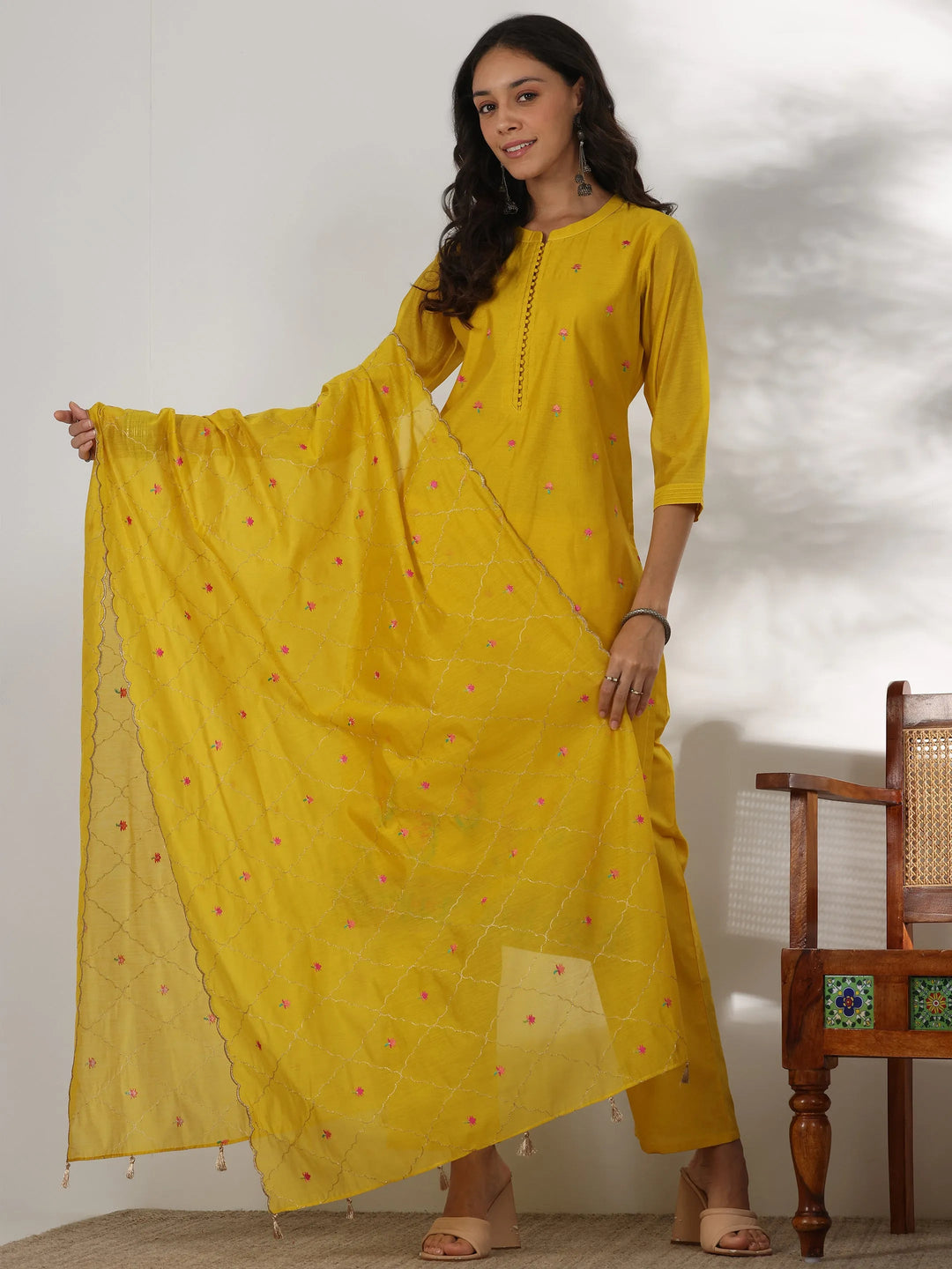  Yellow Embroidered Chanderi Silk Straight Suit With Dupatta 