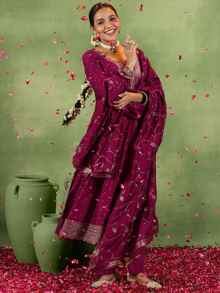 Libas Maroon Embroidered Silk Blend Anarkali Suit With Dupatta
