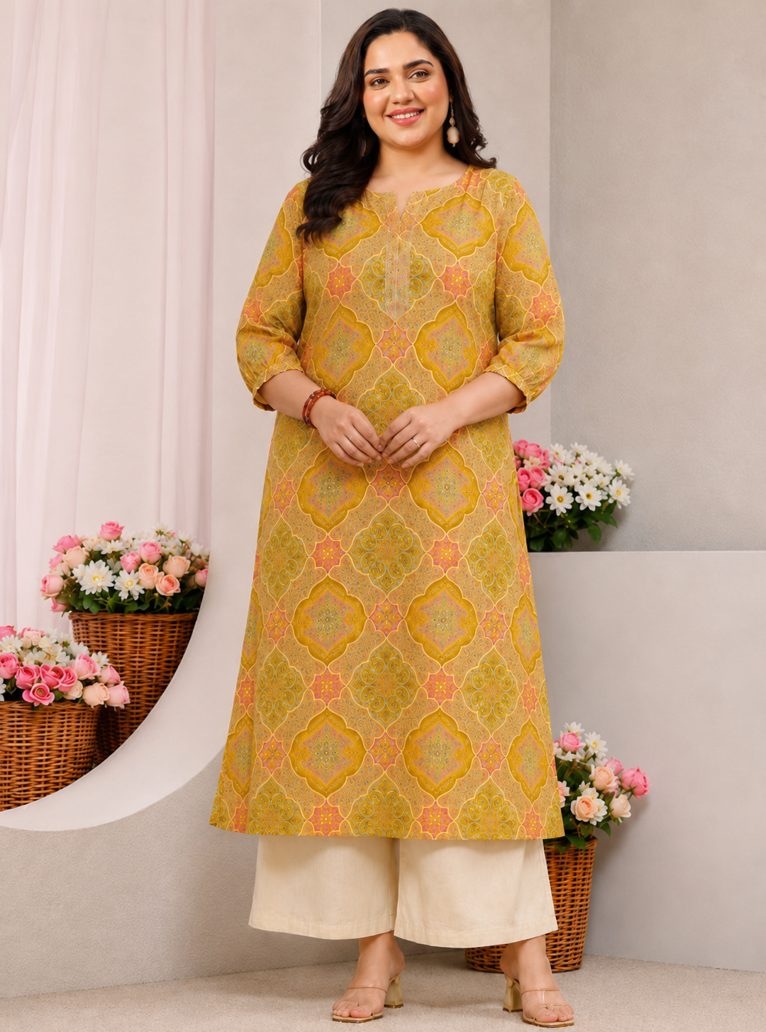  Plus Size Yellow Motif Printed Silk Blend Straight Kurta 