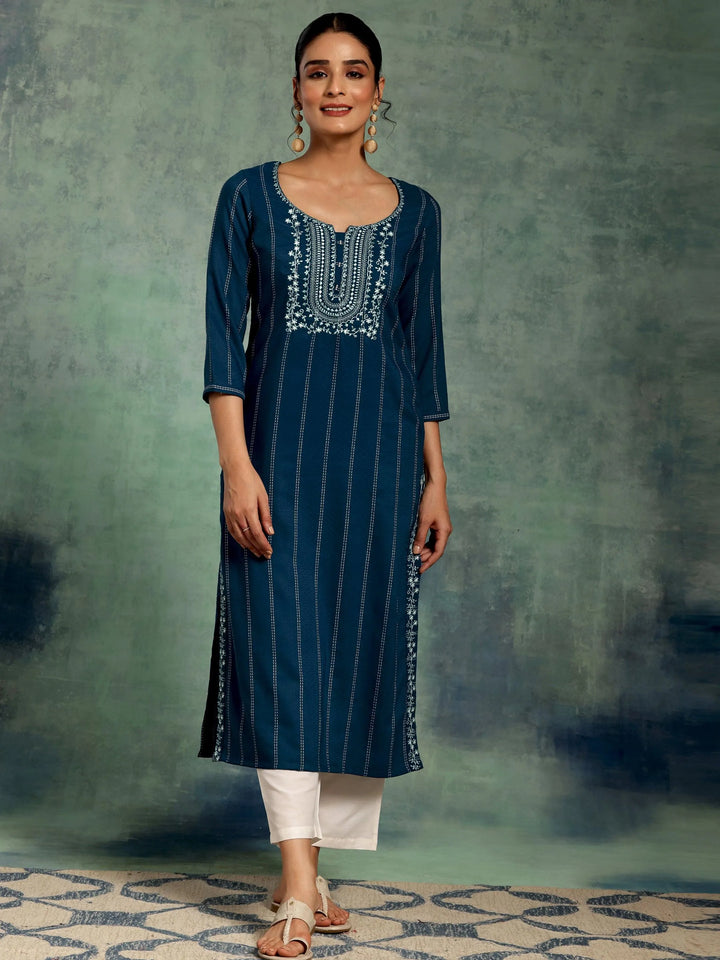 Teal Blue Yoke Design Silk Straight Kurta - Libas