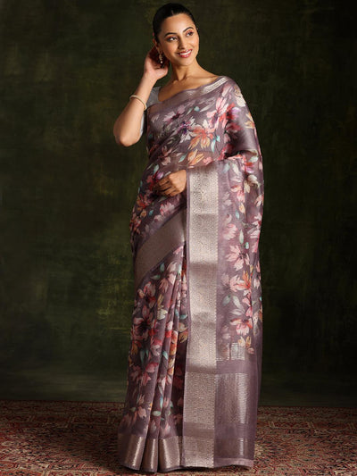 Grey Printed Silk Blend Saree With Unstitched Blouse Piece - Libas