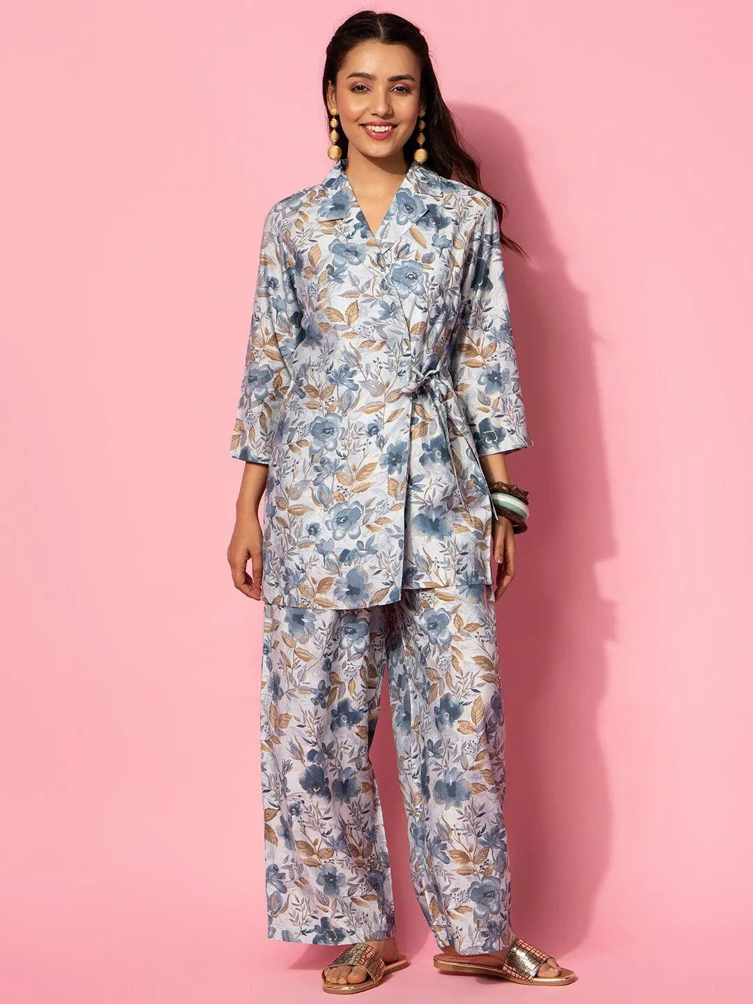Grey Printed Silk Blend Co-Ords - Libas 