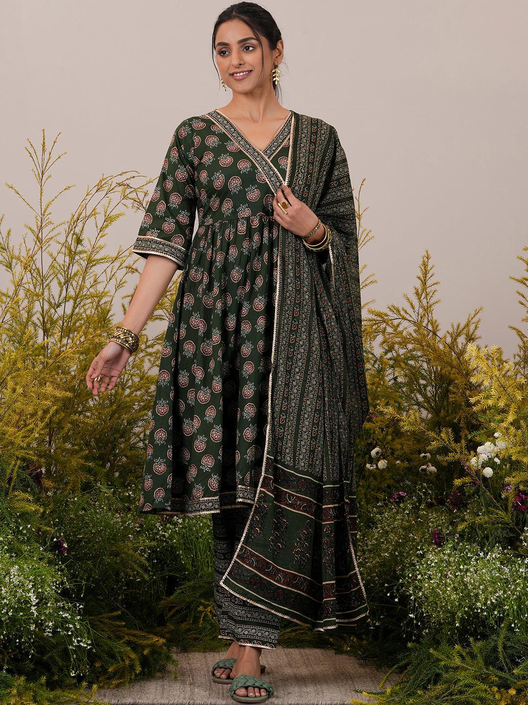 Green Printed Cotton Anarkali Suit With Dupatta - Libas