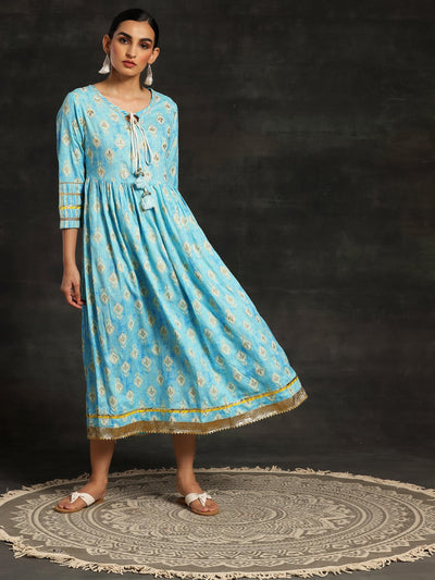 Turquoise Printed Cotton Fit and Flare Dress - Libas