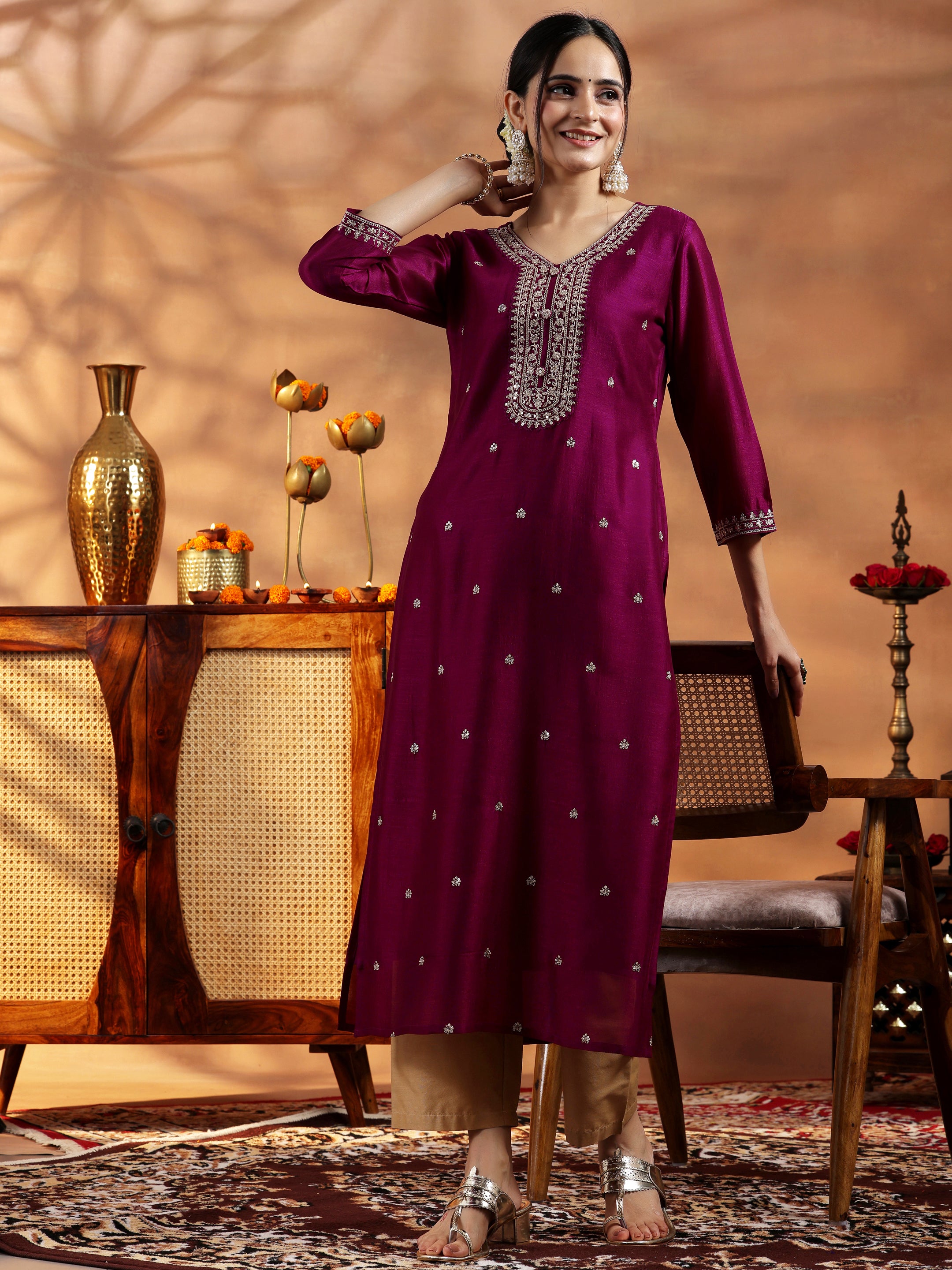 libas Maroon Embroidered Silk Straight Kurta-picture-52