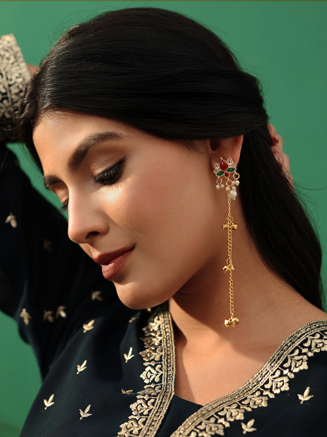  Libas Gold-Tone Long Chain Kashmiri Earrings with Ghungroo Drop 
