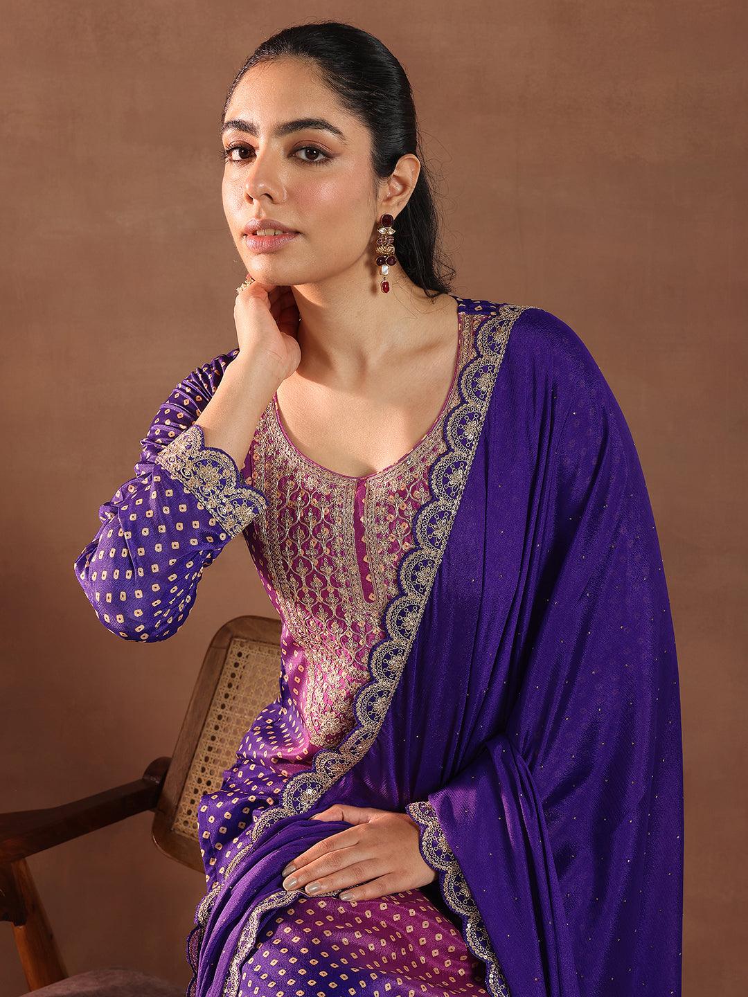 Purple Printed Silk Blend Straight Suit Set With Dupatta