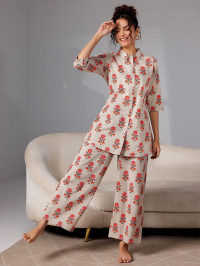 Beige Printed Cotton Night Suits - Libas