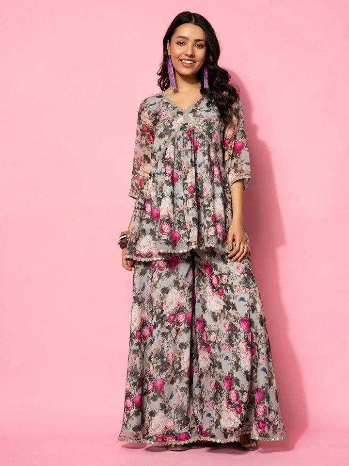 Grey Printed Georgette Co-Ords - Libas