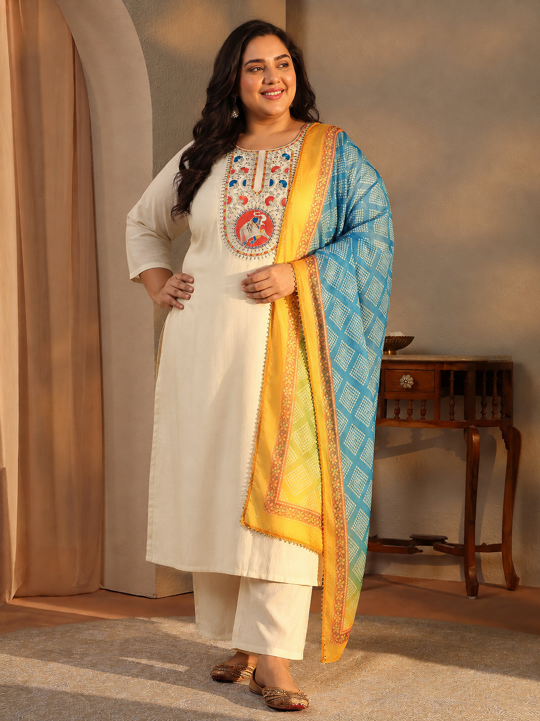 libas Plus Size Off White Ethnic Motif Printed Chanderi Silk Straight Suit Set-picture-37
