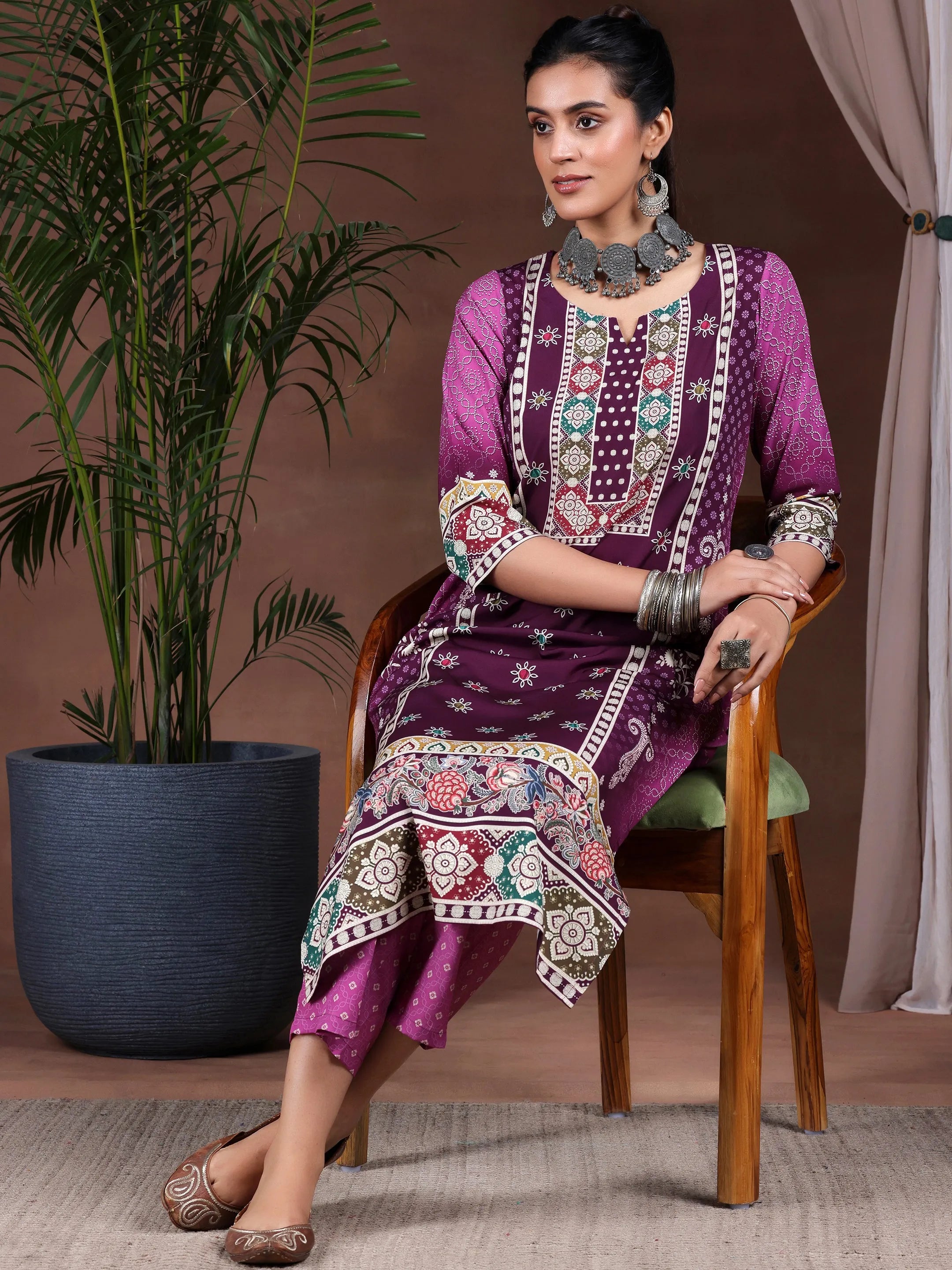 Wine Printed Poly Crepe Straight Kurta Set-image-24