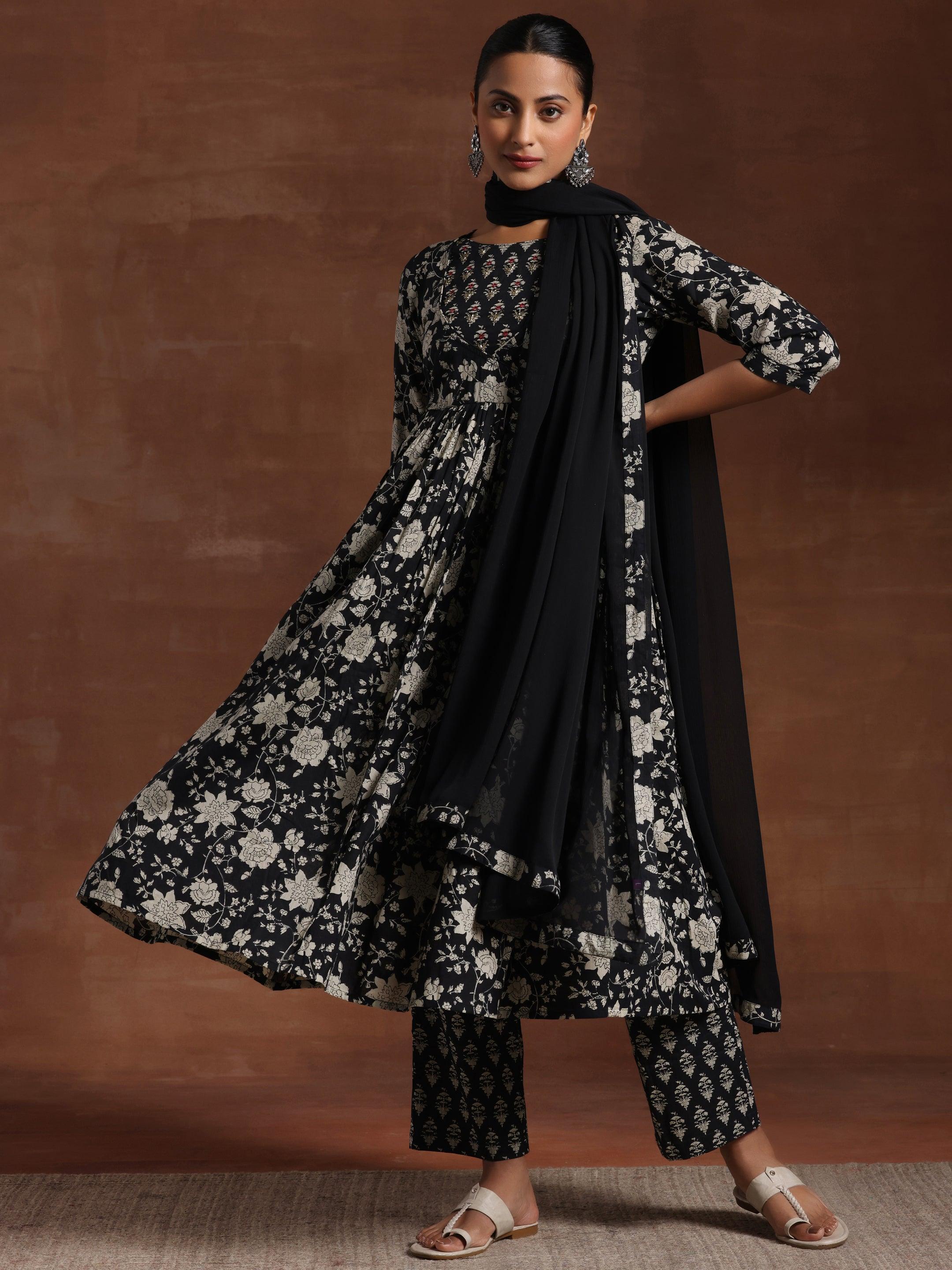 Black Printed Pure Cotton Anarkali Suit With Dupatta