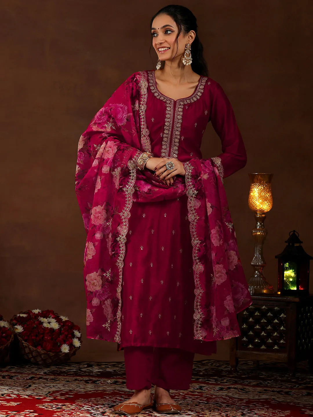  Red Embroidered Silk Blend Straight Suit With Dupatta 
