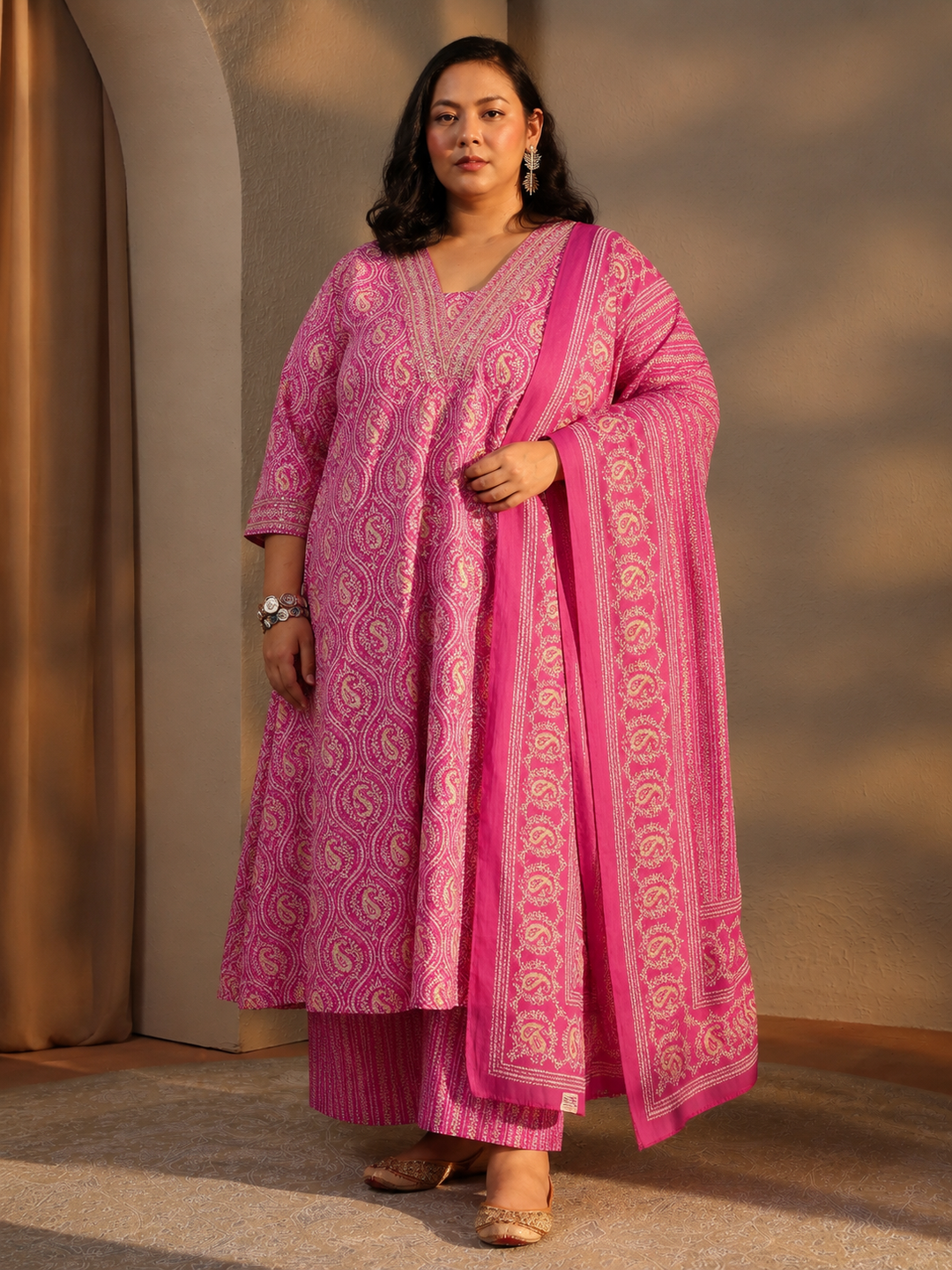  Plus Size Pink Paisley Printed Cotton A-Line Suit Set 