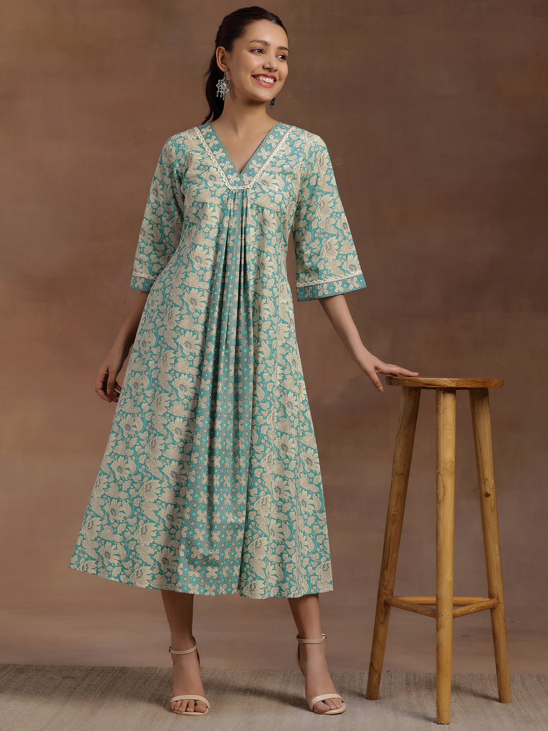  Blue Printed Cotton A-Line Dress 