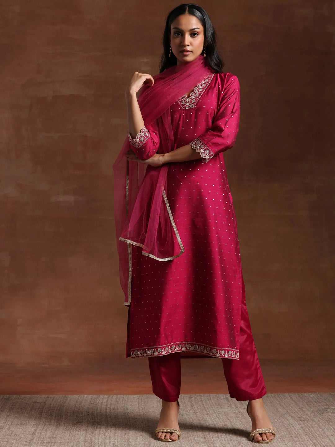  Pink Self Design Silk Blend Straight Suit With Dupatta 