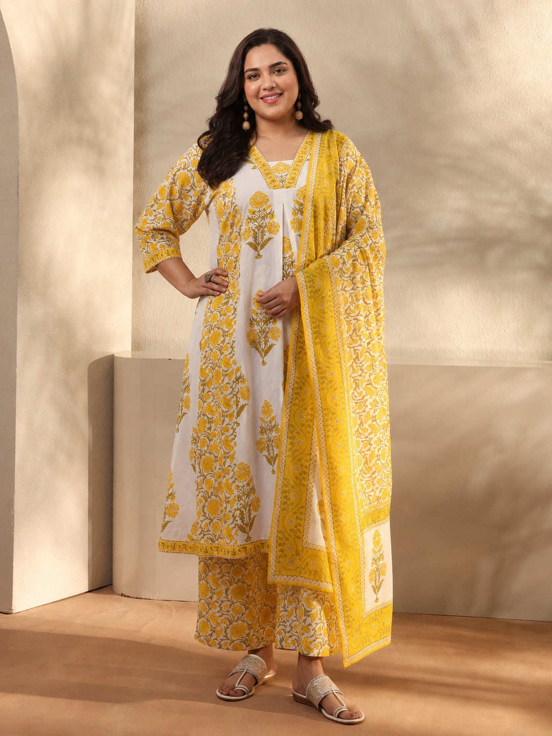  Plus Size Yellow Floral Printed Cotton Blend Anarkali Suit Set 