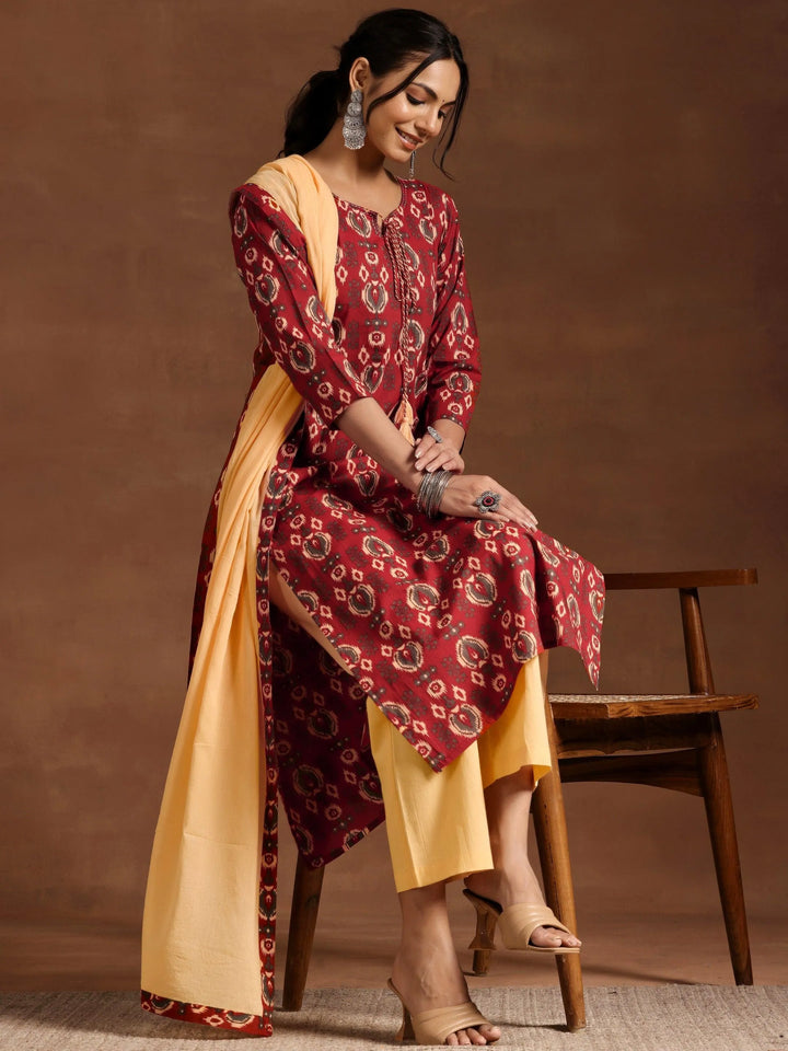 Maroon Printed Cotton Straight Suit With Dupatta - Libas