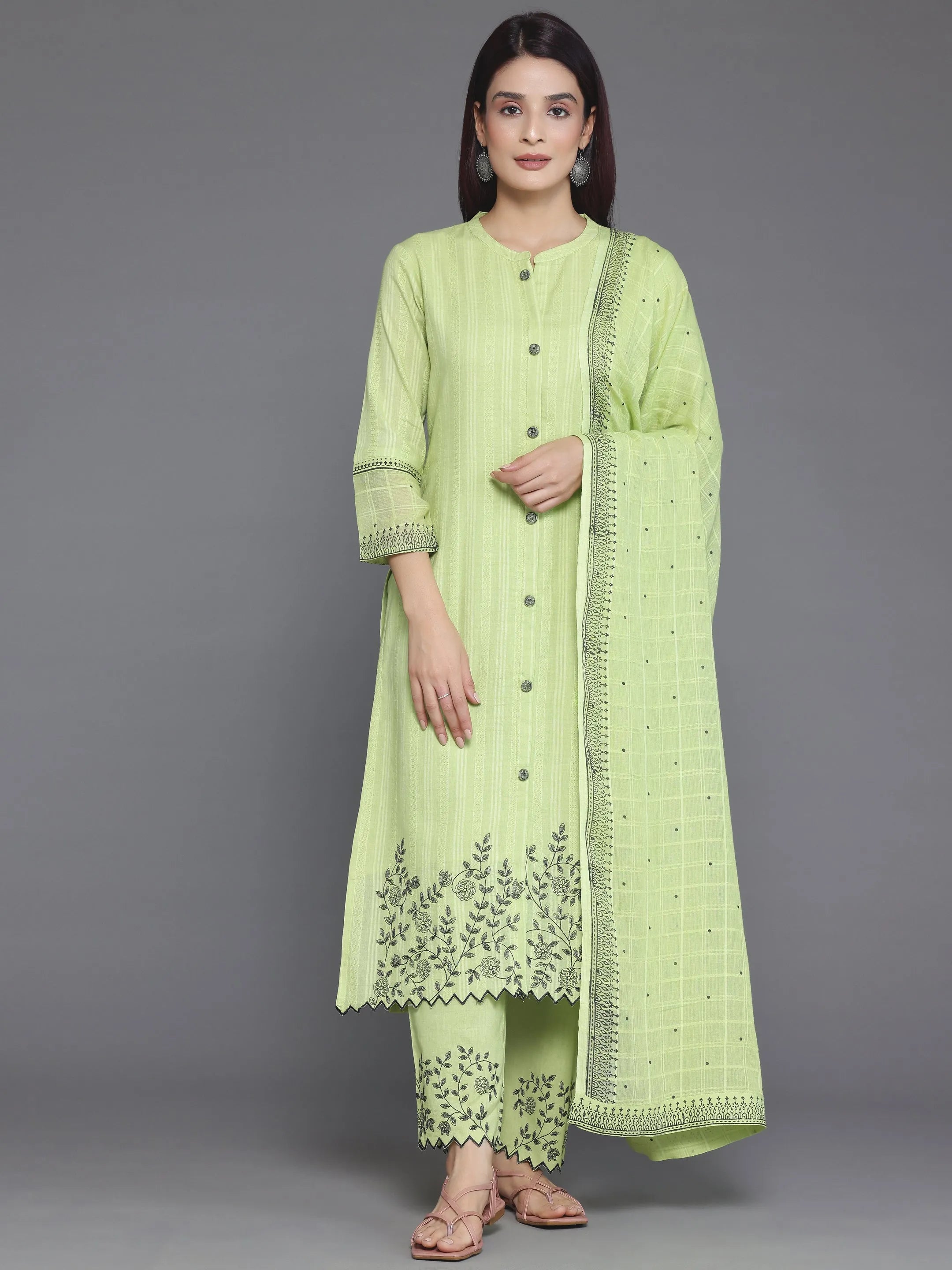 libas Green Woven Design Cotton Straight Suit With Dupatta-picture-46