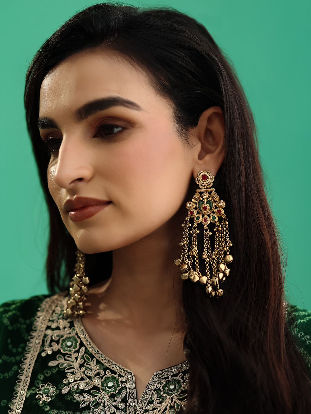  Libas Multicolour Stone-Studded Dangling Earrings with Ghungroo Drops  