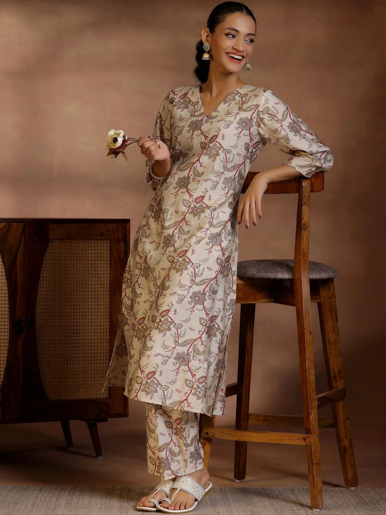 Libas Beige Printed Silk Blend Co-Ords