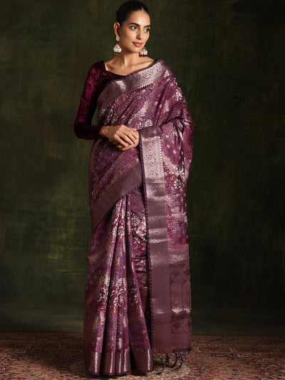 Wine Woven Design Brocade Saree With Unstitched Blouse Piece - Libas
