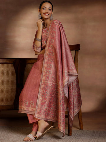 Pink Printed Silk Straight Suit With Dupatta
