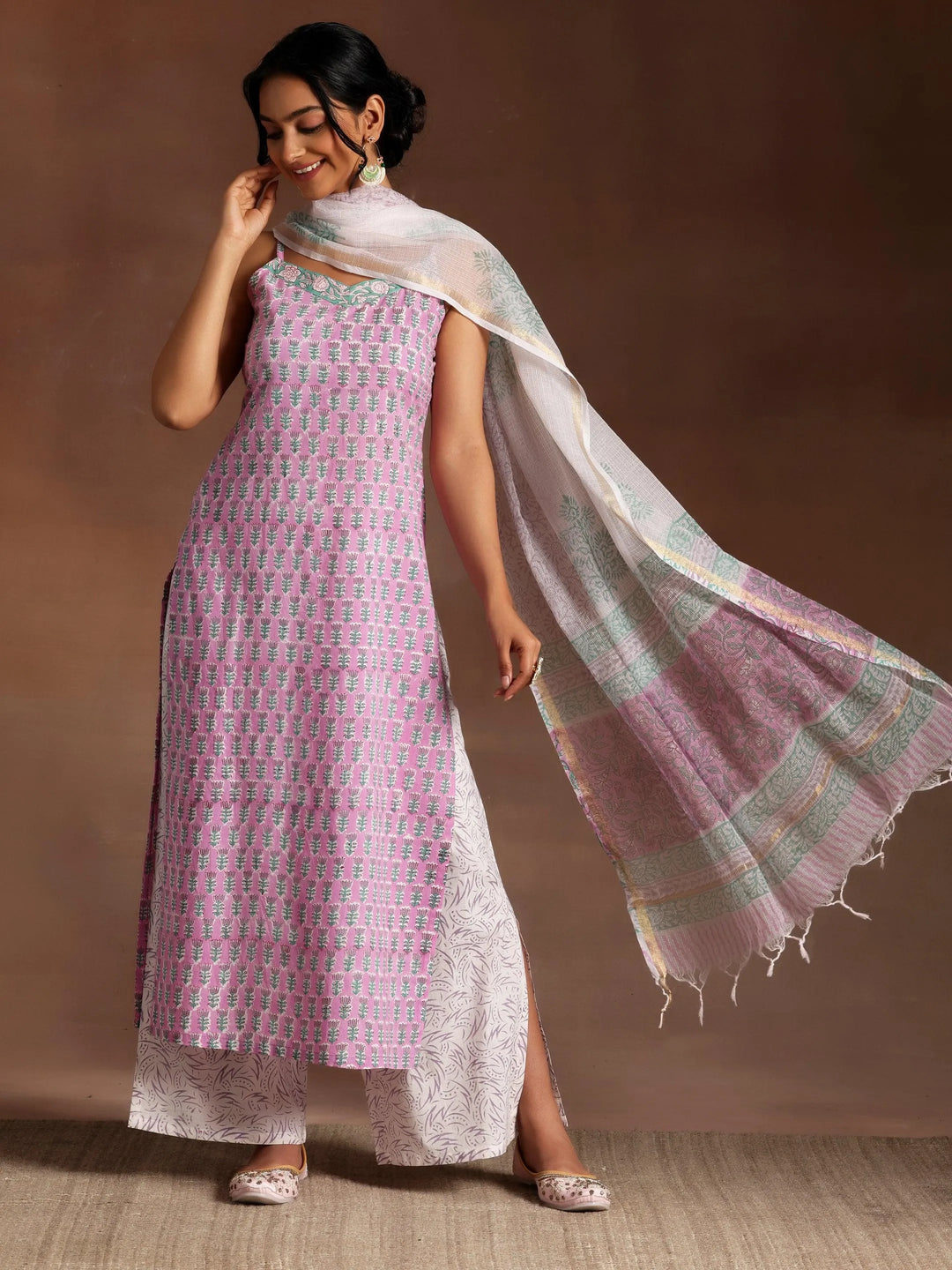 Pink Printed Cotton Straight Suit With Dupatta - Libas
