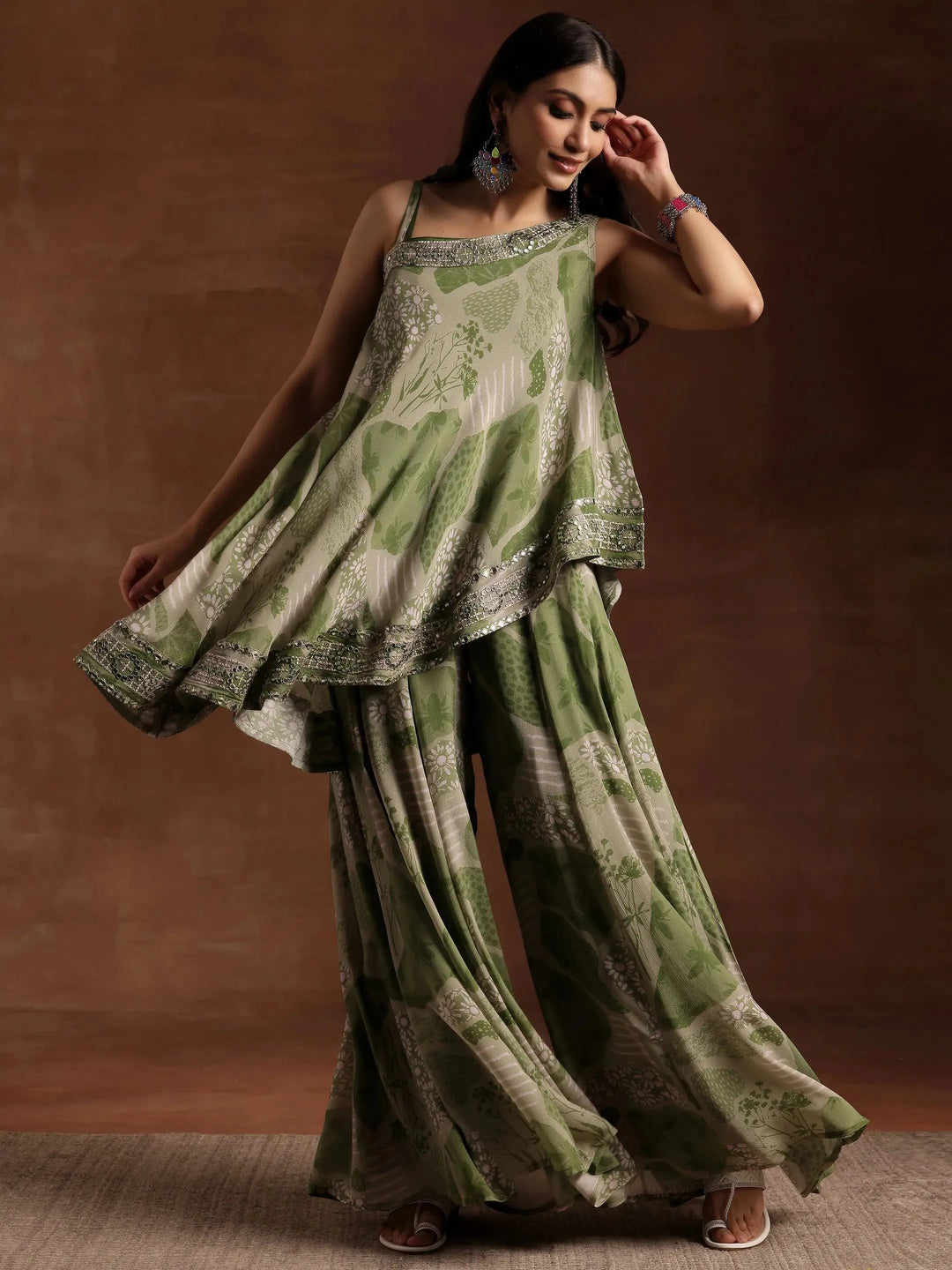  Green Printed Silk Blend Co-Ords 