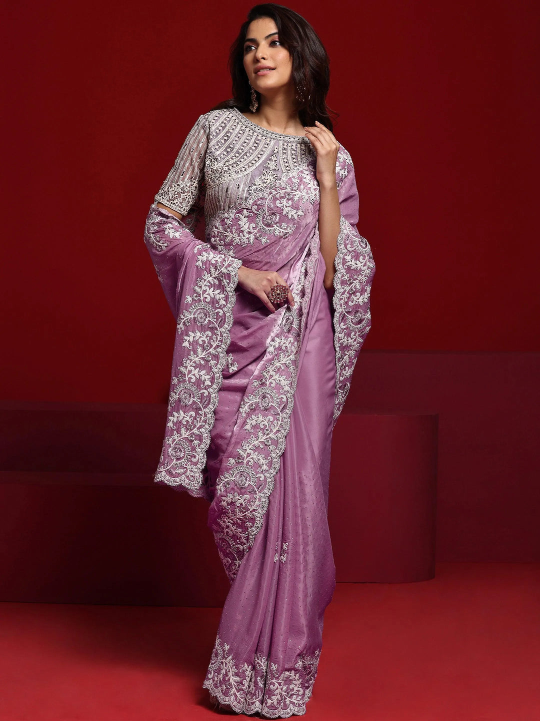 Libas Art Lavender Embroidered Tissue Saree With Unstitched Blouse Piece - Libas 