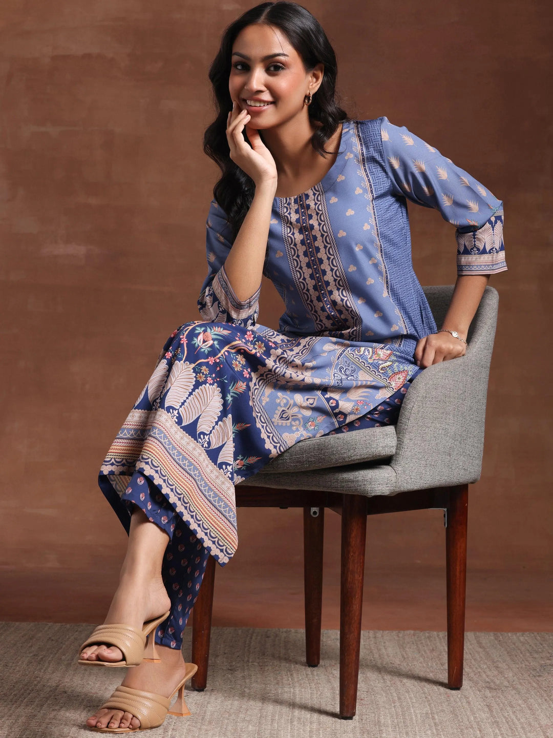 Blue Printed Crepe Straight Kurta Set - Libas 