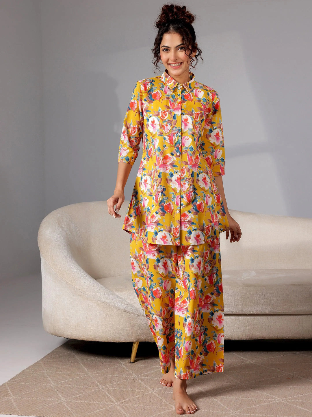 Mustard Printed Cotton Night Suits - Libas 