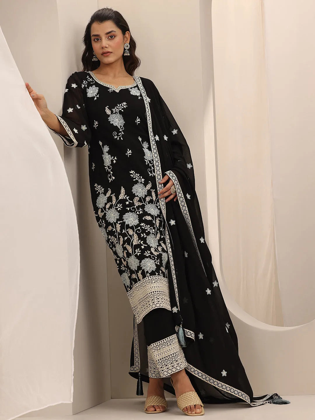  Libas Art Black Embroidered Georgette Straight Suit Set With Dupatta 