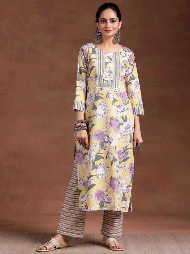 Libas Yellow Printed Cotton Straight Kurta Set