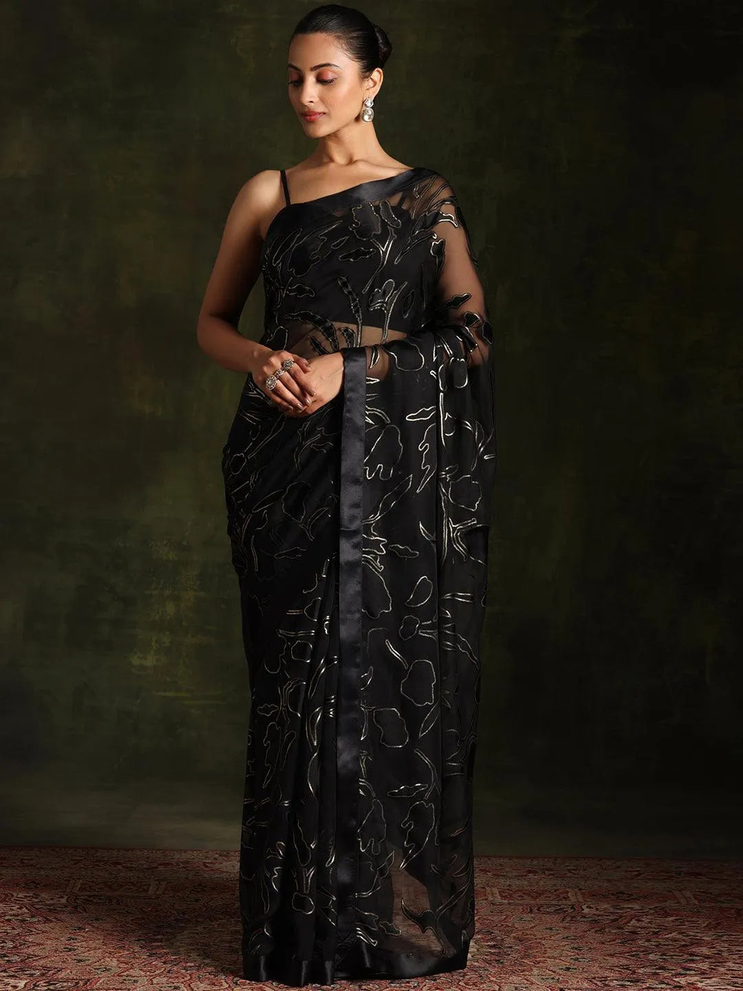 Black Woven Design Brasso Saree With Unstitched Blouse Piece - Libas 