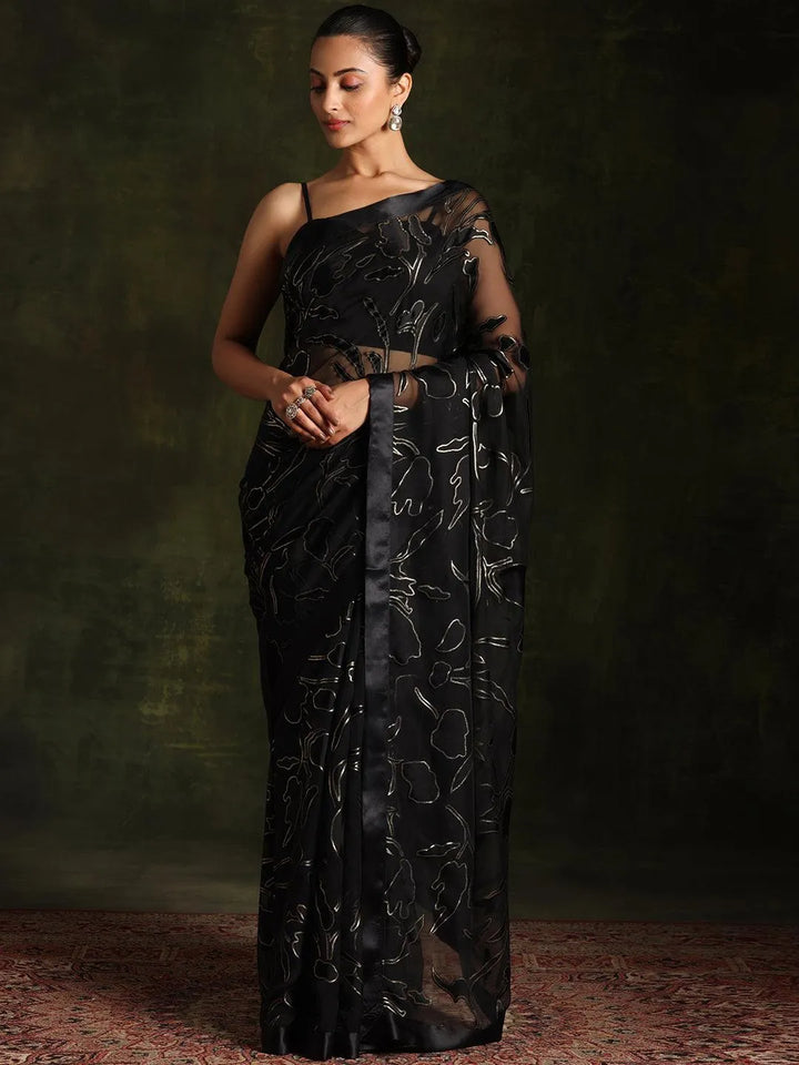 Black Woven Design Brasso Saree With Unstitched Blouse Piece - Libas