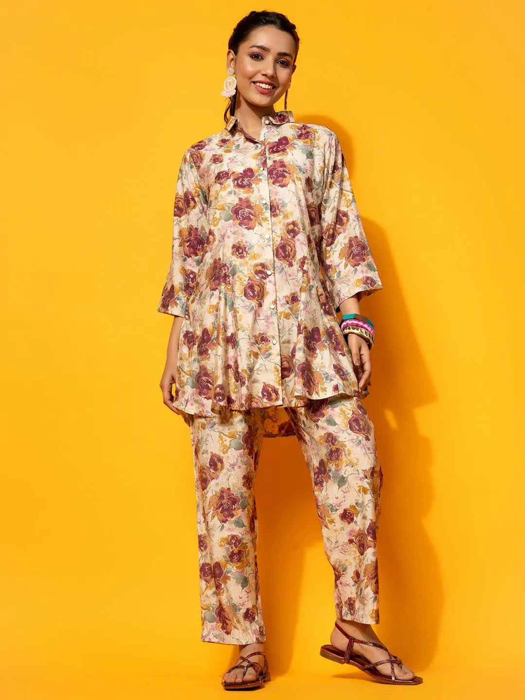 Beige Printed Silk Blend Co-Ords - Libas 