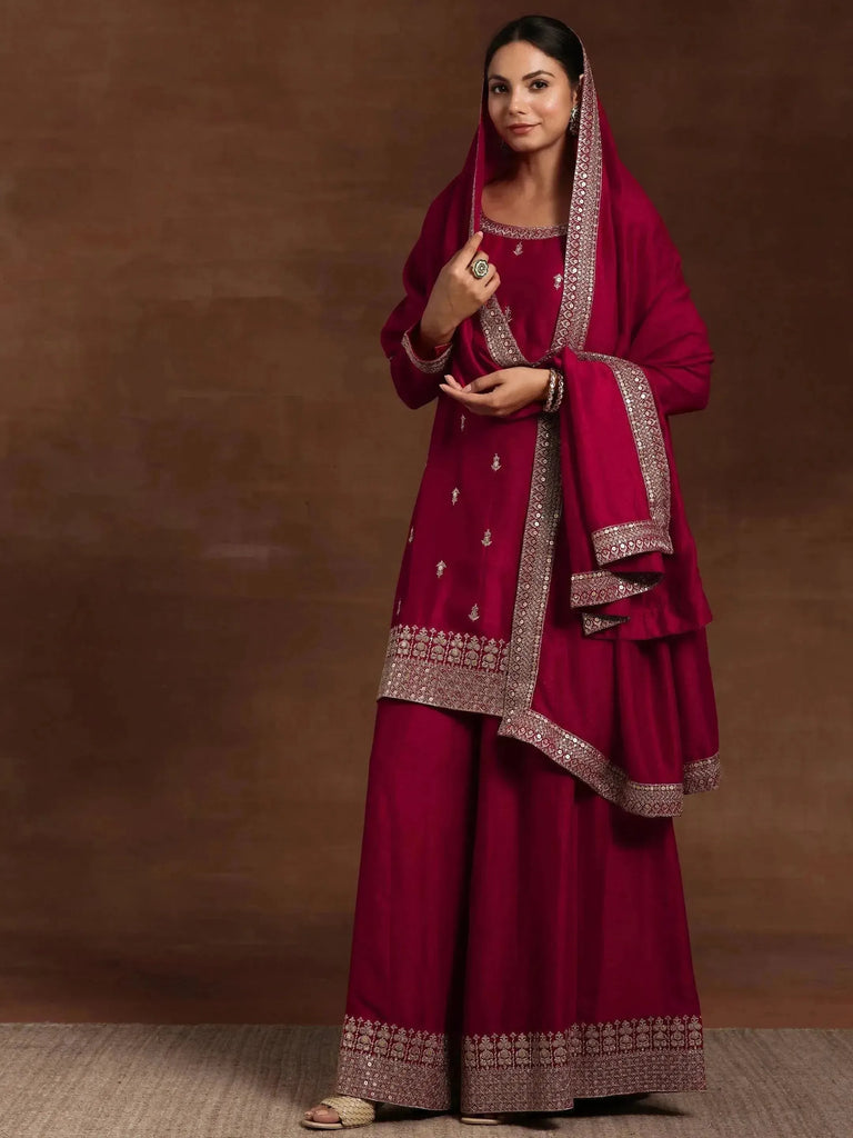Libas Pink Embroidered Silk Blend Straight Suit With Dupatta