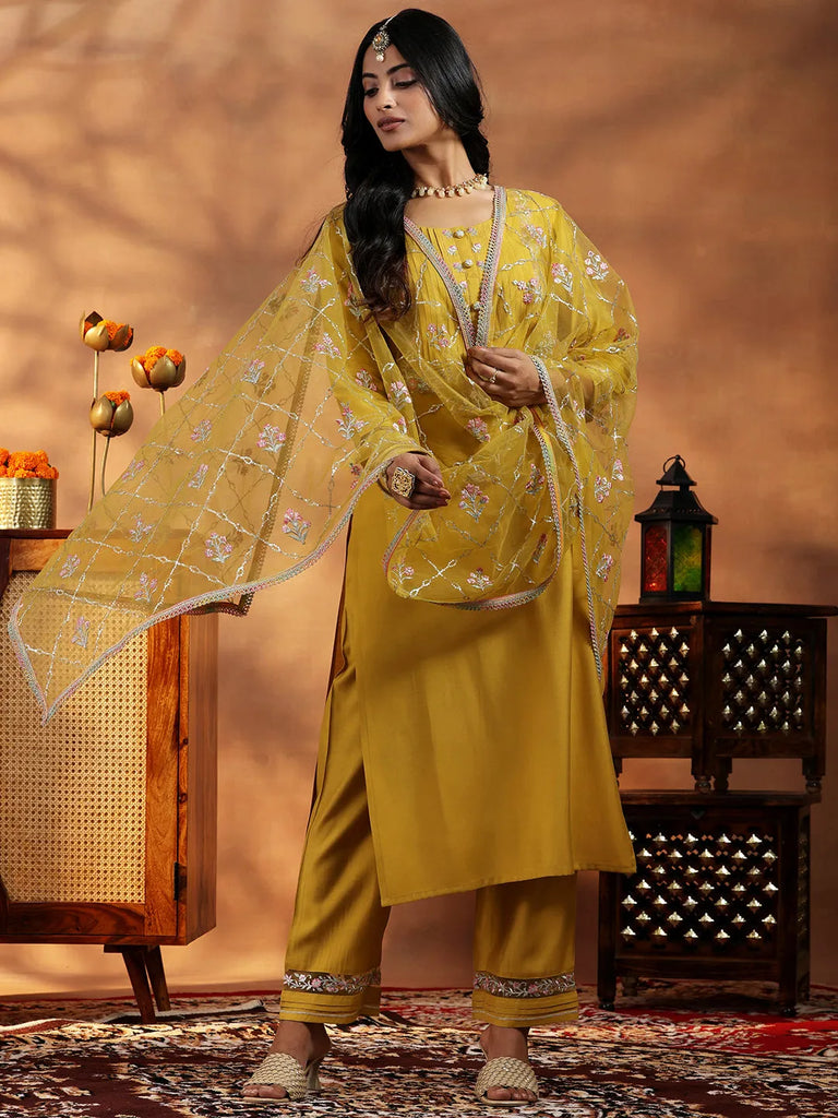 Libas Mustard Yoke Design Silk Blend Straight Suit With Dupatta