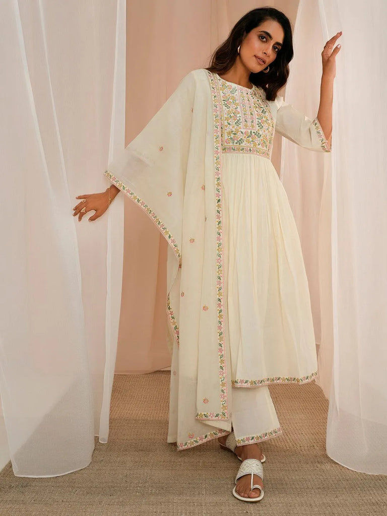 Libas Off White Yoke Design Cotton A-Line Kurta With Palazzos & Dupatta