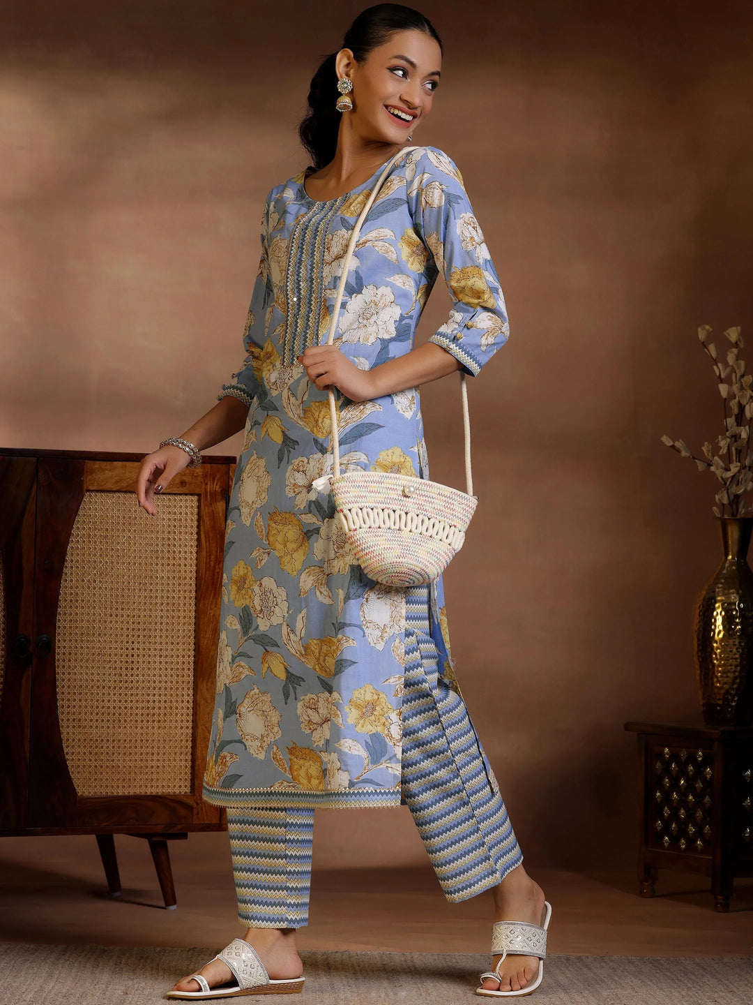  Blue Printed Cotton Straight Kurta Set 