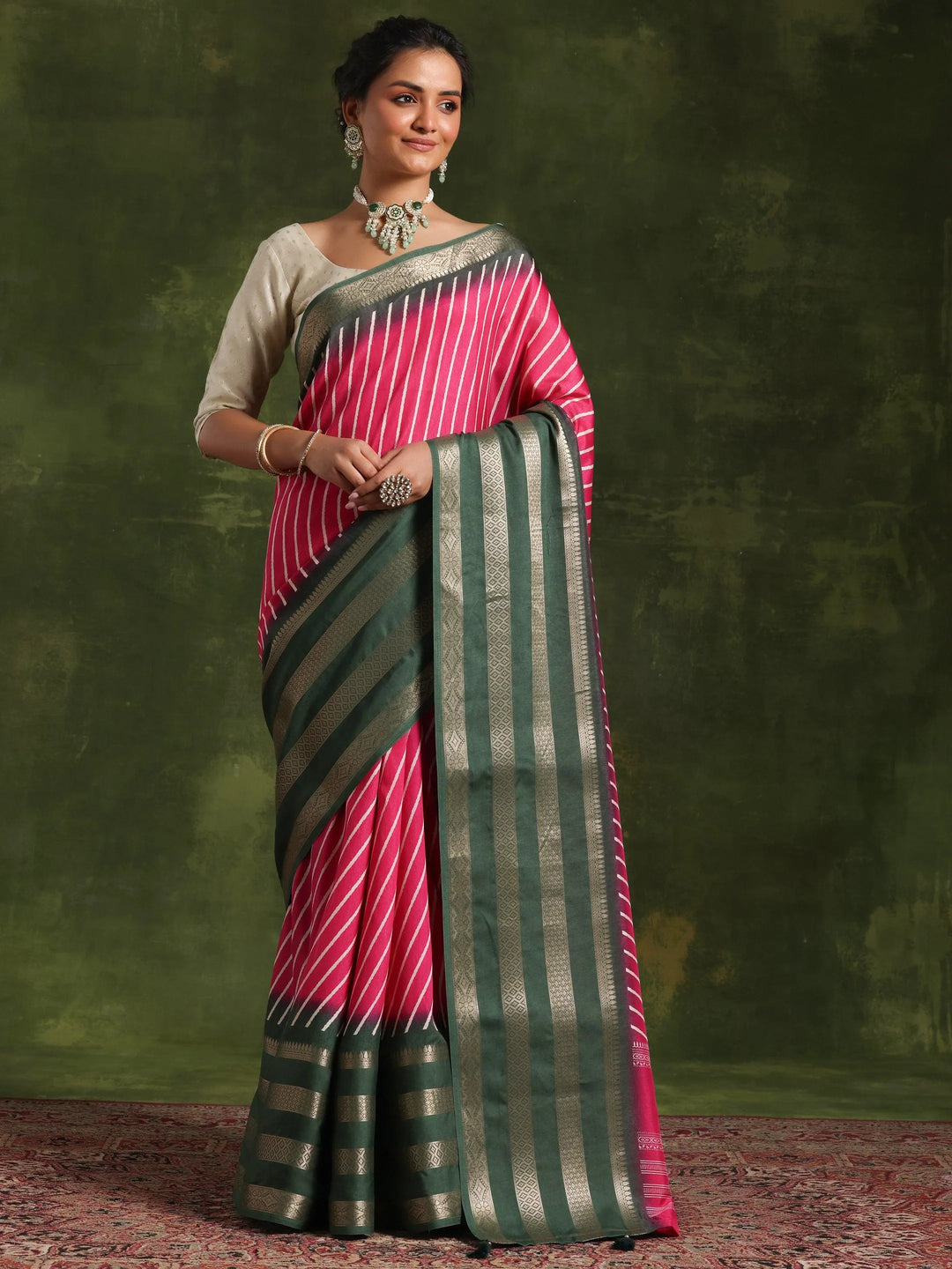Pink Printed Silk Blend Saree With Unstitched Blouse Piece - Libas 