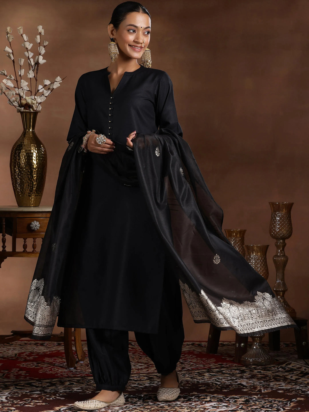  Black Solid Cotton Blend Straight Suit With Dupatta 