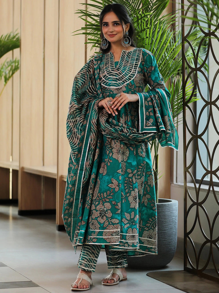Libas Green Printed Cotton Anarkali Suit With Dupatta